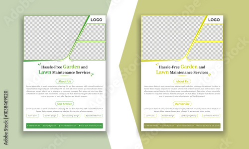 Flyer design template for lawn and gardening services. Design of a poster leaflet for gardening and tree services. Template for lawnmower flyers