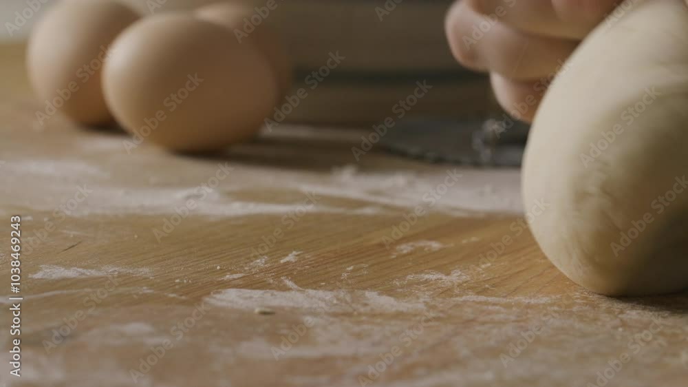 Hands of unrecognizable man kneading dough on flour-covered kitchen table, folding and pressing it against wooden surface. Close-up view Hands of unrecognizable man kneading dough on flour-covered kitchen table, folding and pressing it against wooden surface. Close-up view