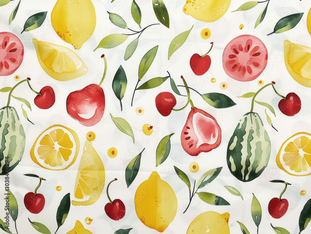 A playful watercolor fruit pattern with hand-painted illustrations of lemons, cherries, and watermelons, set against a soft white background A playful watercolor fruit pattern with hand-painted illustrations of lemons, cherries, and watermelons, set against a soft white background