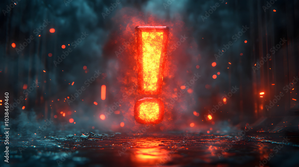 A fiery exclamation mark, a symbol of urgent warning, emerges from the darkness, casting a fiery glow on the urban landscape A fiery exclamation mark, a symbol of urgent warning, emerges from the darkness, casting a fiery glow on the urban landscape
