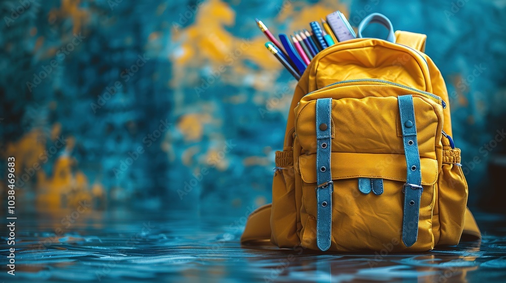 A vibrant yellow backpack filled with colorful stationery against a textured blue background. A vibrant yellow backpack filled with colorful stationery against a textured blue background.