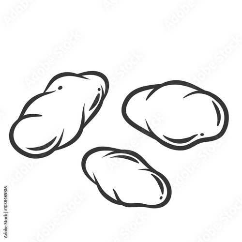 Three gnocchi pile line icon. Outline hand drawn dumplings in Italy, vintage boiled small lumps of dough, cheese or potato. Italian food, dessert mascot, gnocchi top view icon vector illustration