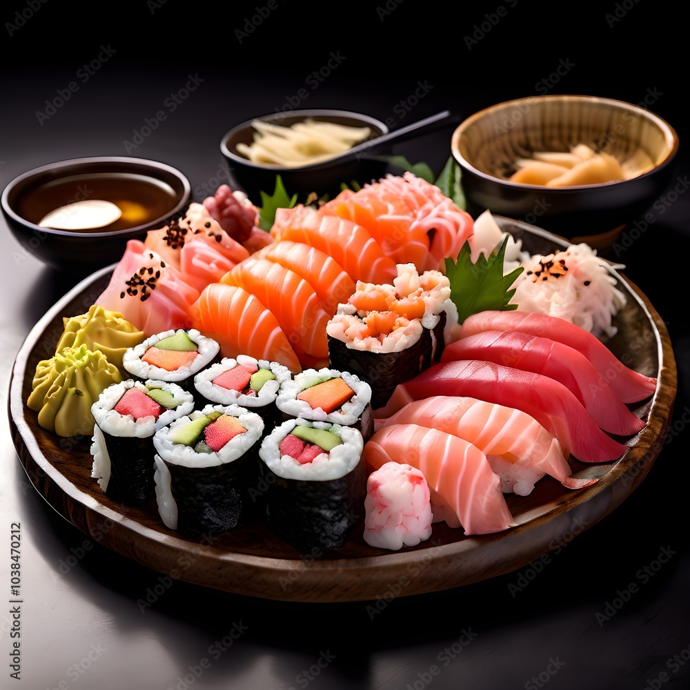 Delectable Japanese Sushi Array Featuring Fresh Nigiri, Maki, and Sashimi Delectable Japanese Sushi Array Featuring Fresh Nigiri, Maki, and Sashimi