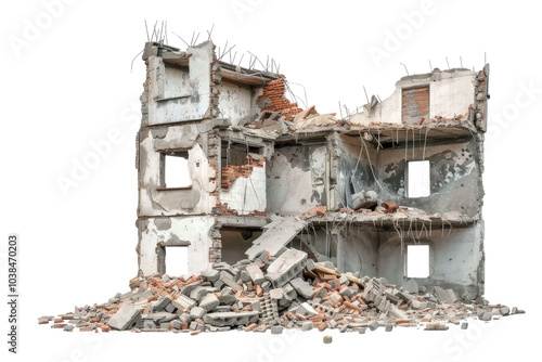 Collapsed Building with Rubble and Debris on Transparent Background photo