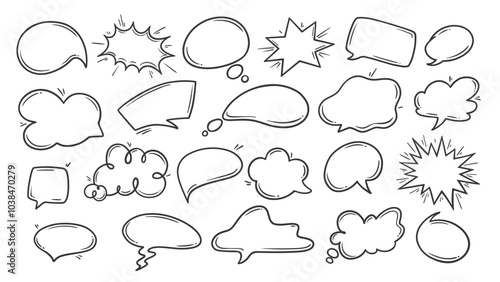 Speech bubbles line icons set. Hand drawn retro blank balloons of conversation and thoughts in different shapes, Communication mascots, outline speech clouds icons collection vector illustration