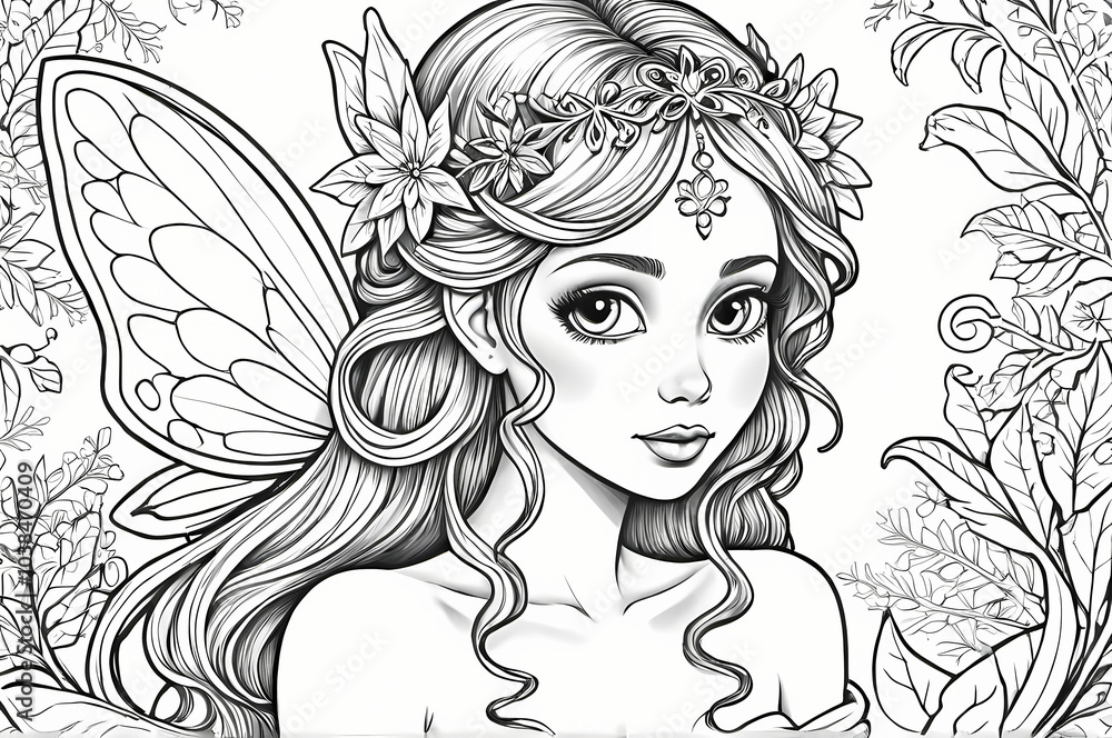 Fairy Tales: A coloring book illustration of a mischievous fairy with delicate wings and a playful smile Fairy Tales: A coloring book illustration of a mischievous fairy with delicate wings and a playful smile