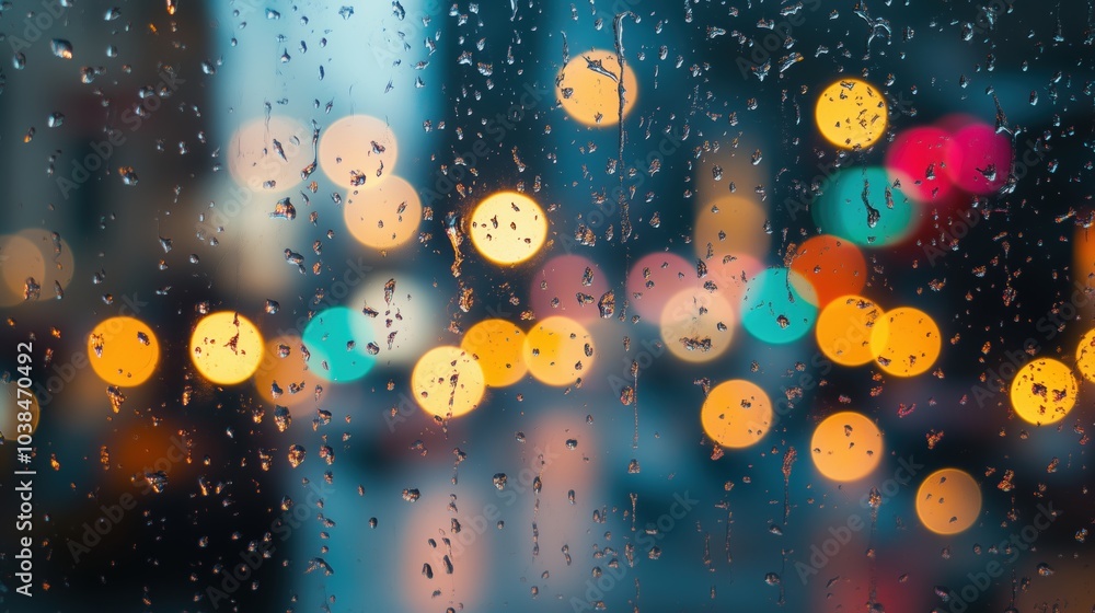 Bunte Stadtlichter durch regennasses Fenster Bunte Stadtlichter durch regennasses Fenster