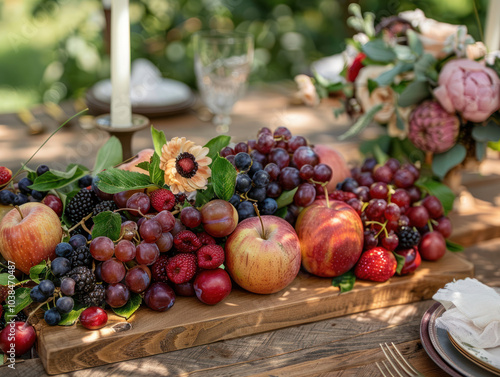 A rustic farm-to-table setting with fresh fruits like plums, apples, and berries arranged on a handcrafted wooden board, placed on a picnic table outdoors photo