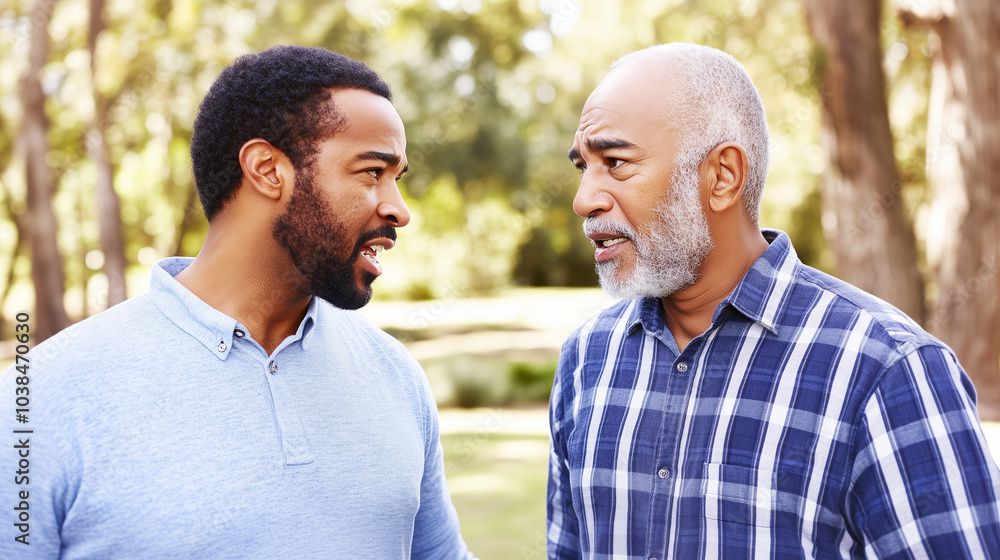 Black father and son standing outside having serious conversation Black father and son standing outside having serious conversation