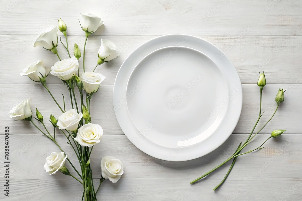 A serene top view of a minimalist empty plate adorned with framed lisianthus flowers against a light background, perfect for elegant and calming decor inspiration. A serene top view of a minimalist empty plate adorned with framed lisianthus flowers against a light background, perfect for elegant and calming decor inspiration.