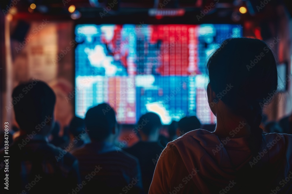 Silhouettes in front of stock market screens in busy trading room Silhouettes in front of stock market screens in busy trading room
