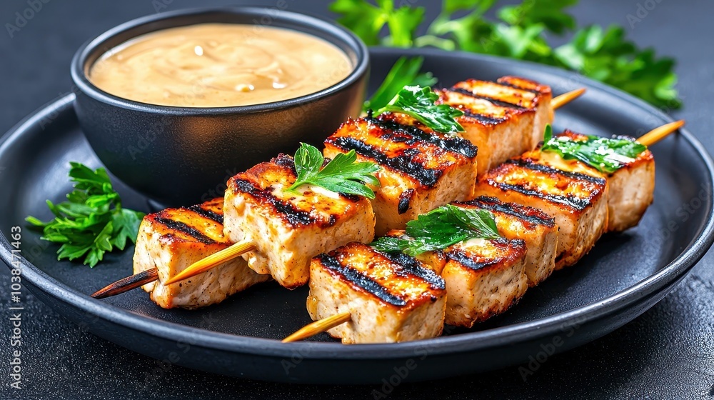 Grilled chicken skewers served with creamy sauce, garnished with fresh parsley in black plate. Grilled chicken skewers served with creamy sauce, garnished with fresh parsley in black plate.