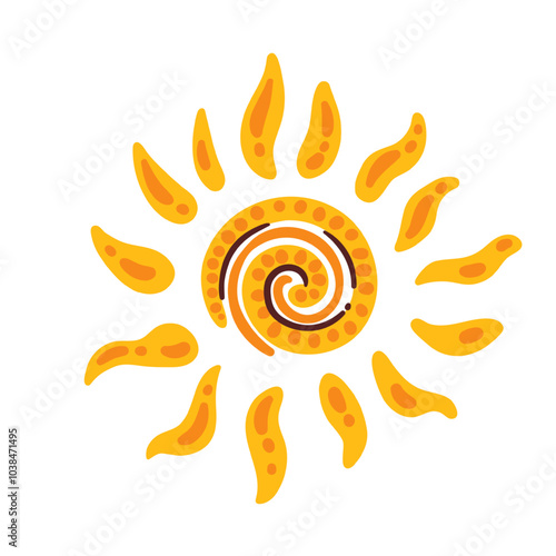 African cartoon hot sun of tribal pattern. Funny element of ethnic ornament in Africa. African culture, tribe decoration mascot, cartoon sun with spiral shape and sunshine rays vector illustration