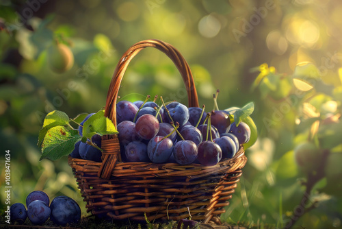 A rustic wooden basket filled with ripe plums, the deep purple skin reflecting the late afternoon sun in a countryside setting photo