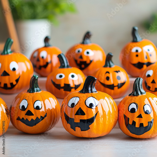 A bunch of orange pumpkins, made for holding candy, are sitting on a white table. They all have happy faces painted on them.