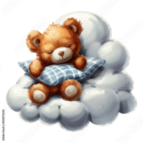 Cute baby teddy bear sleeping on the cloud