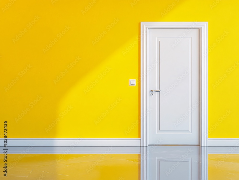 Naklejka premium A bright yellow wall featuring a closed white door, creating a vibrant and modern aesthetic in interior design.