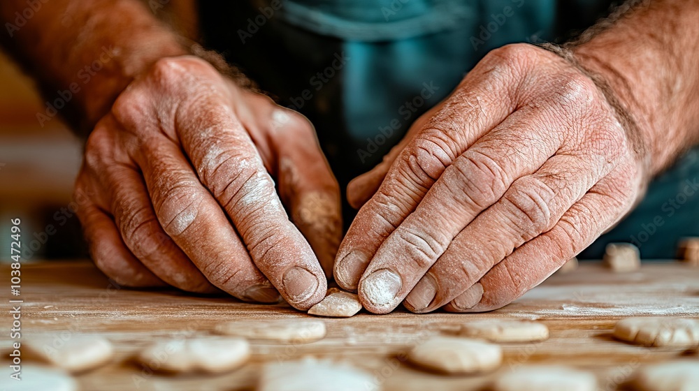 A man's hands on a wooden table with doughnuts on it A man's hands on a wooden table with doughnuts on it