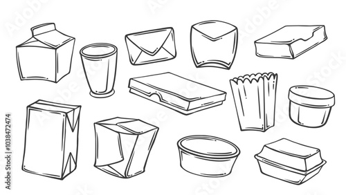 Paper packages and boxes of different shape line icons set. Outline grocery store, market and bakery packaging. Storage, fast food delivery mascot, hand drawn packages icon vector illustration
