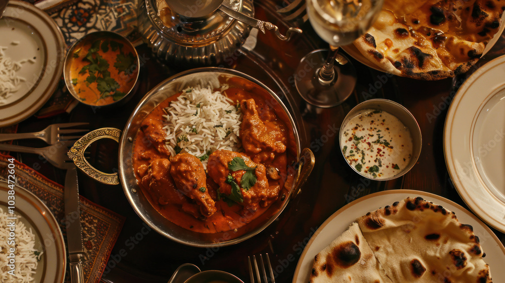 A spread of Indian butter chicken with naan bread, rice, and chutney, served in a traditional setting with rich spices. A spread of Indian butter chicken with naan bread, rice, and chutney, served in a traditional setting with rich spices.