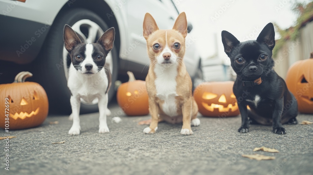 Family hosting a Halloween pet parade glowing pumpkins lining the path Family hosting a Halloween pet parade glowing pumpkins lining the path
