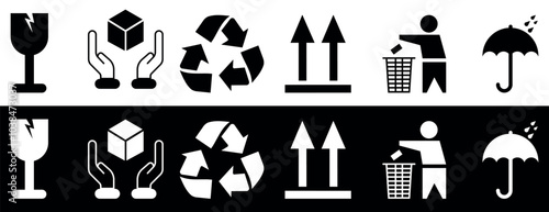 Collection of Packaging care symbols. Packaging cargo icon. Caution signs for package this side up, handle with care, fragile, keep dry and other symbols. Used on the box or packaging.
