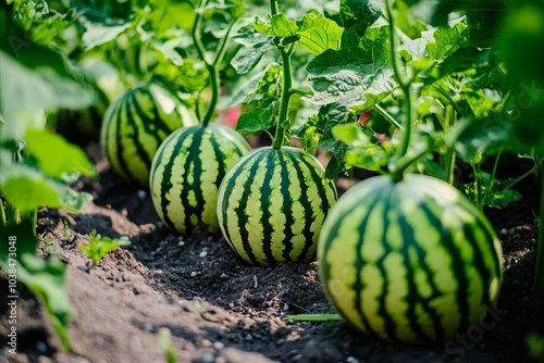 A group of watermelons growing in a garden photo