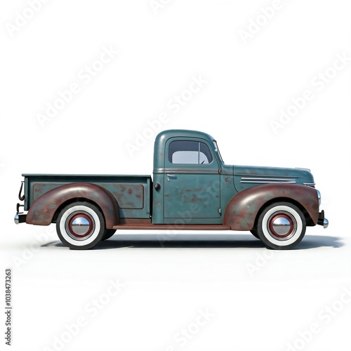 1940s pickup truck isolated on white background, side view, weathered paint