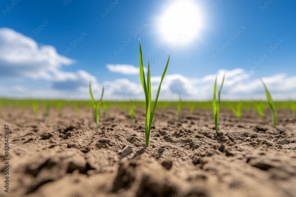 Green shoots emerging from dry soil under a bright blue sky. Green shoots emerging from dry soil under a bright blue sky.