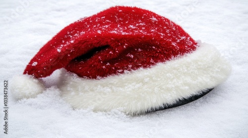 A Cozy Christmas Hat Lies on Soft Snowscape, Embodying the Joy and Festivity of the Holiday Season in Winter's Embrace. photo