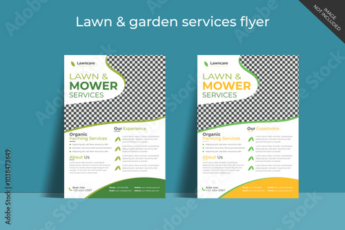 Flyer design template for lawn and gardening services. Design of a poster leaflet for gardening and tree services. Template for lawnmower flyers
