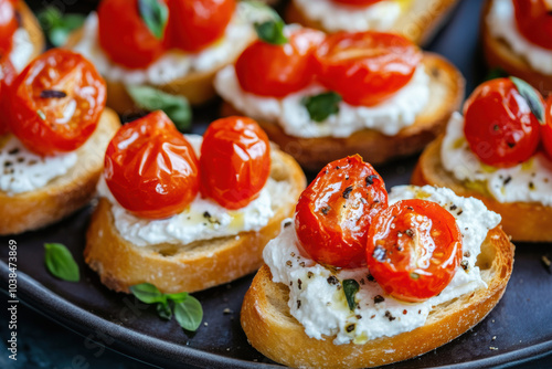 Homemade marinated dried tomatoes Crostini delicious, light background top view