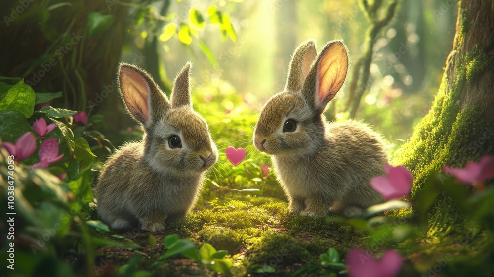 two cute bunnies in a forest two cute bunnies in a forest