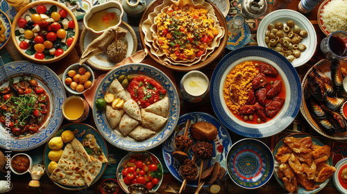 A table filled with a diverse spread of traditional dishes from different cultures, each plate representing a unique culinary tradition.