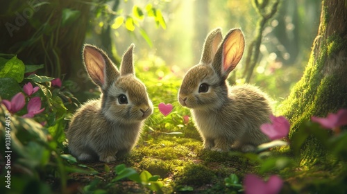 two cute bunnies in a forest