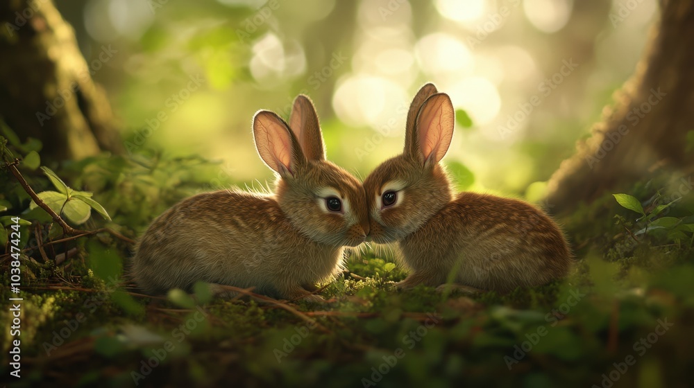 Cute baby bunnies in forest
