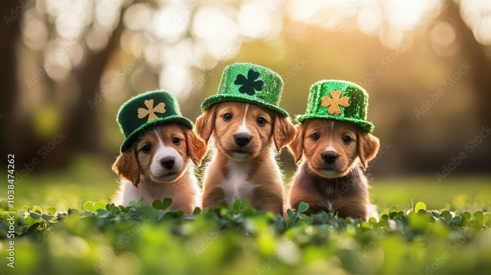 Adorable puppies wearing green shamrock hats in a field of clovers Adorable puppies wearing green shamrock hats in a field of clovers
