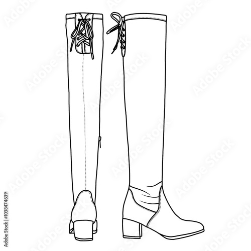 Women's Thigh High Over The Knee Boots Platform Chunky Heel Suede Shoes Line art, Technical sketch hand drawing outline vector doodle illustration side and rear view isolated on white background