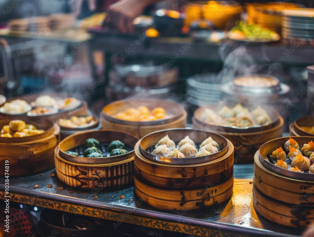 A traditional Chinese dim sum spread with bamboo steamers filled with dumplings, buns, and spring rolls, vibrant restaurant scene. A traditional Chinese dim sum spread with bamboo steamers filled with dumplings, buns, and spring rolls, vibrant restaurant scene.