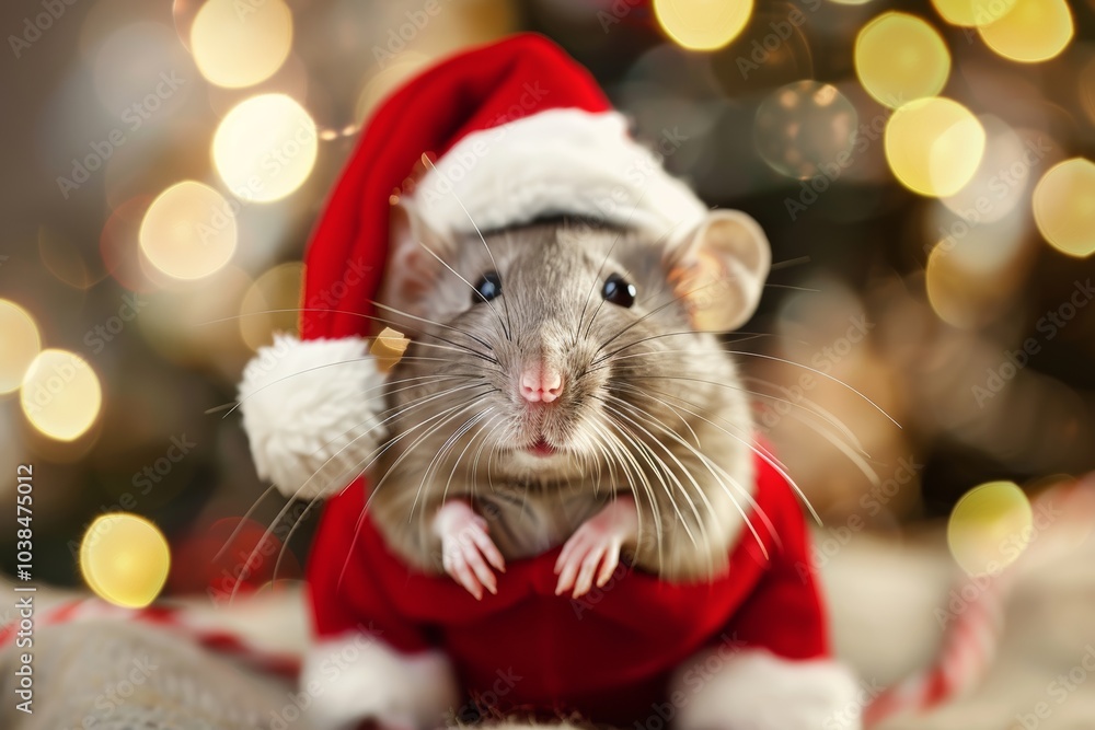 Festive rat in santa hat with holiday bokeh lights Festive rat in santa hat with holiday bokeh lights