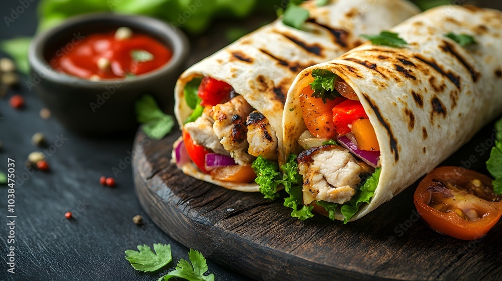 Chicken wrap sandwich with fresh vegetables and grilled meat in a tortilla, close-up appetizing and healthy fast food shot with vibrant colors, texture details, and a rustic background. Chicken wrap sandwich with fresh vegetables and grilled meat in a tortilla, close-up appetizing and healthy fast food shot with vibrant colors, texture details, and a rustic background.