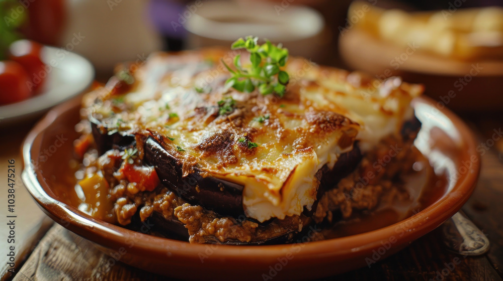 A traditional Greek moussaka, layered with eggplant, ground lamb, and bechamel sauce, served in a cozy Mediterranean kitchen. A traditional Greek moussaka, layered with eggplant, ground lamb, and bechamel sauce, served in a cozy Mediterranean kitchen.