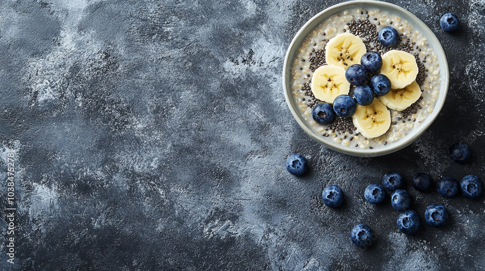 Healthy breakfast bowl with bananas and blueberries on a textured dark surface Healthy breakfast bowl with bananas and blueberries on a textured dark surface