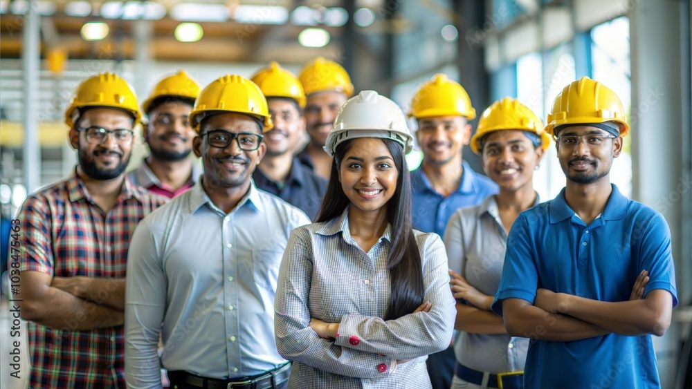Workers in Safety Gear - Group portrait of Indian factory workers wearing safety helmets.
Workers in Safety Gear - Group portrait of Indian factory workers wearing safety helmets.