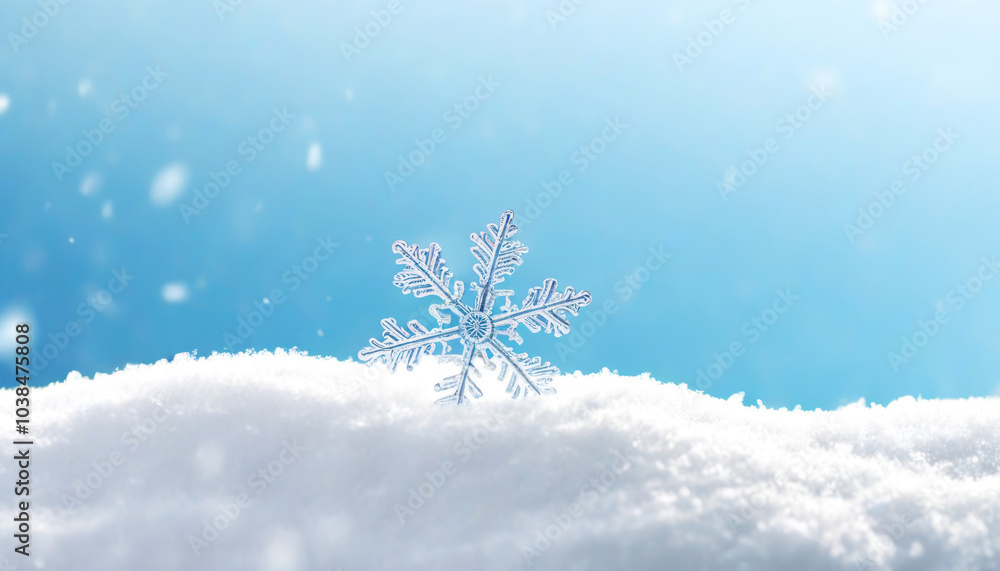 Eine schimmernde Schneeflocke steht auf einem Schneehügel vor einem strahlend blauen, winterlichen Hintergrund, mit Platz für Text im oberen Bereich. generative KI. Eine schimmernde Schneeflocke steht auf einem Schneehügel vor einem strahlend blauen, winterlichen Hintergrund, mit Platz für Text im oberen Bereich. generative KI.