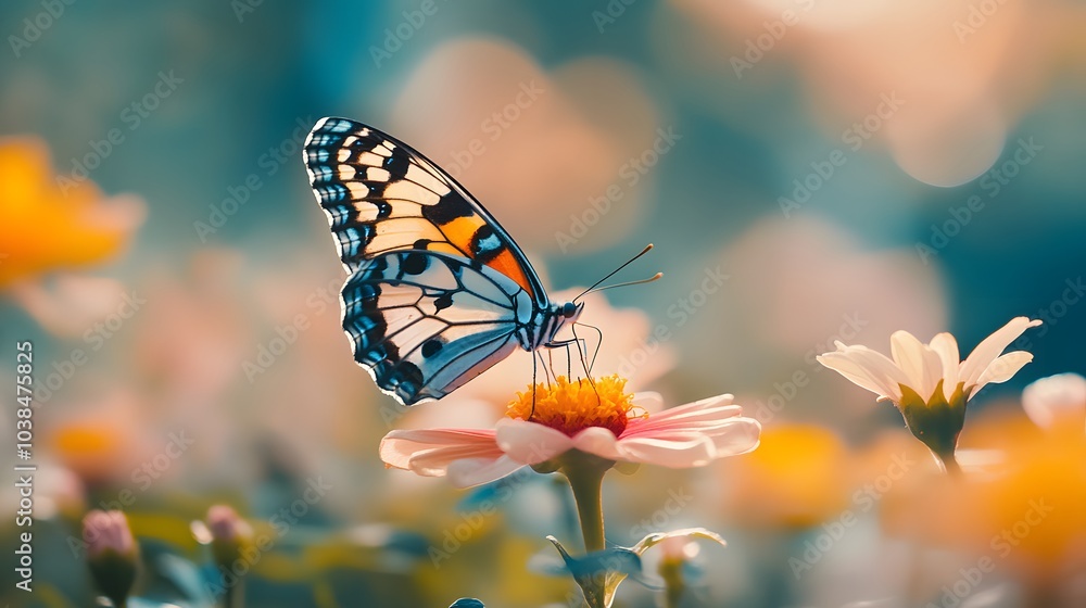 Colorful butterfly on a vibrant flower in a garden setting, soft bokeh background, vivid colors, delicate wings in a macro nature close-up with a summer atmosphere and shallow depth.