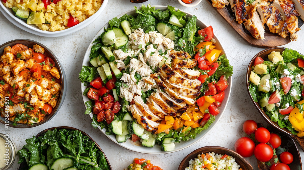Colorful fresh salads arranged creatively on a table, showcasing diverse ingredients and textures Colorful fresh salads arranged creatively on a table, showcasing diverse ingredients and textures