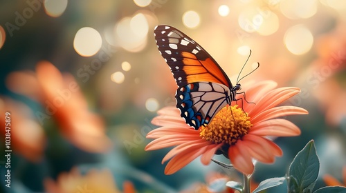 Colorful butterfly on a vibrant flower in a garden setting, soft bokeh background, vivid colors, delicate wings in a macro nature close-up with a summer atmosphere and shallow depth.