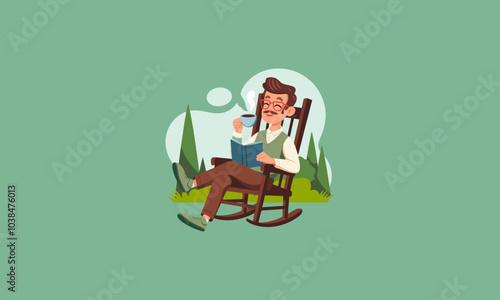 Man relaxing with a book and coffee in a garden chair.