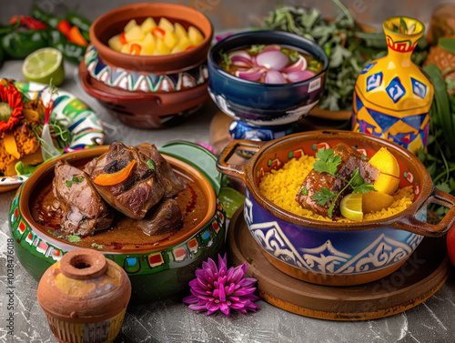 A traditional Peruvian feast with dishes like aji de gallina de gallina and causa, served in colorful earthenware with fresh ingredients. photo